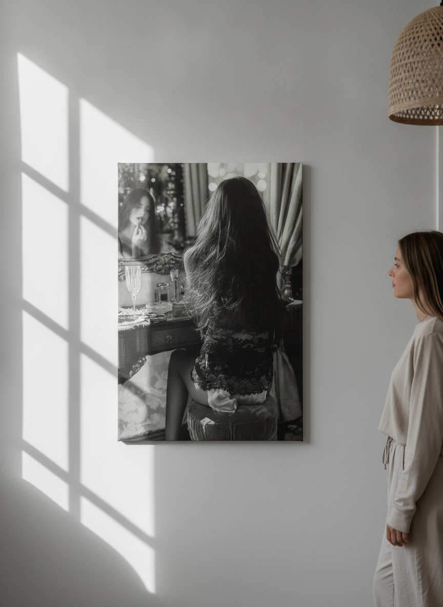Person holding stretched canvas wall art in a bright Scandinavian living room