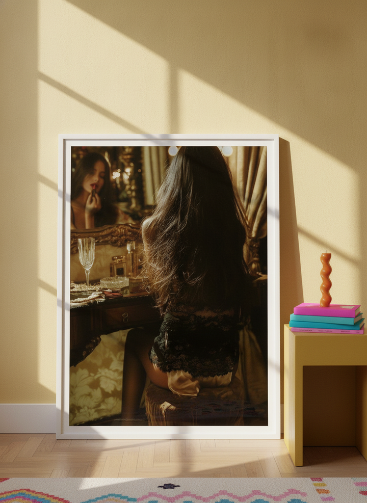 Modern wall art print leaning against the wall in a colourful eclectic bedroom