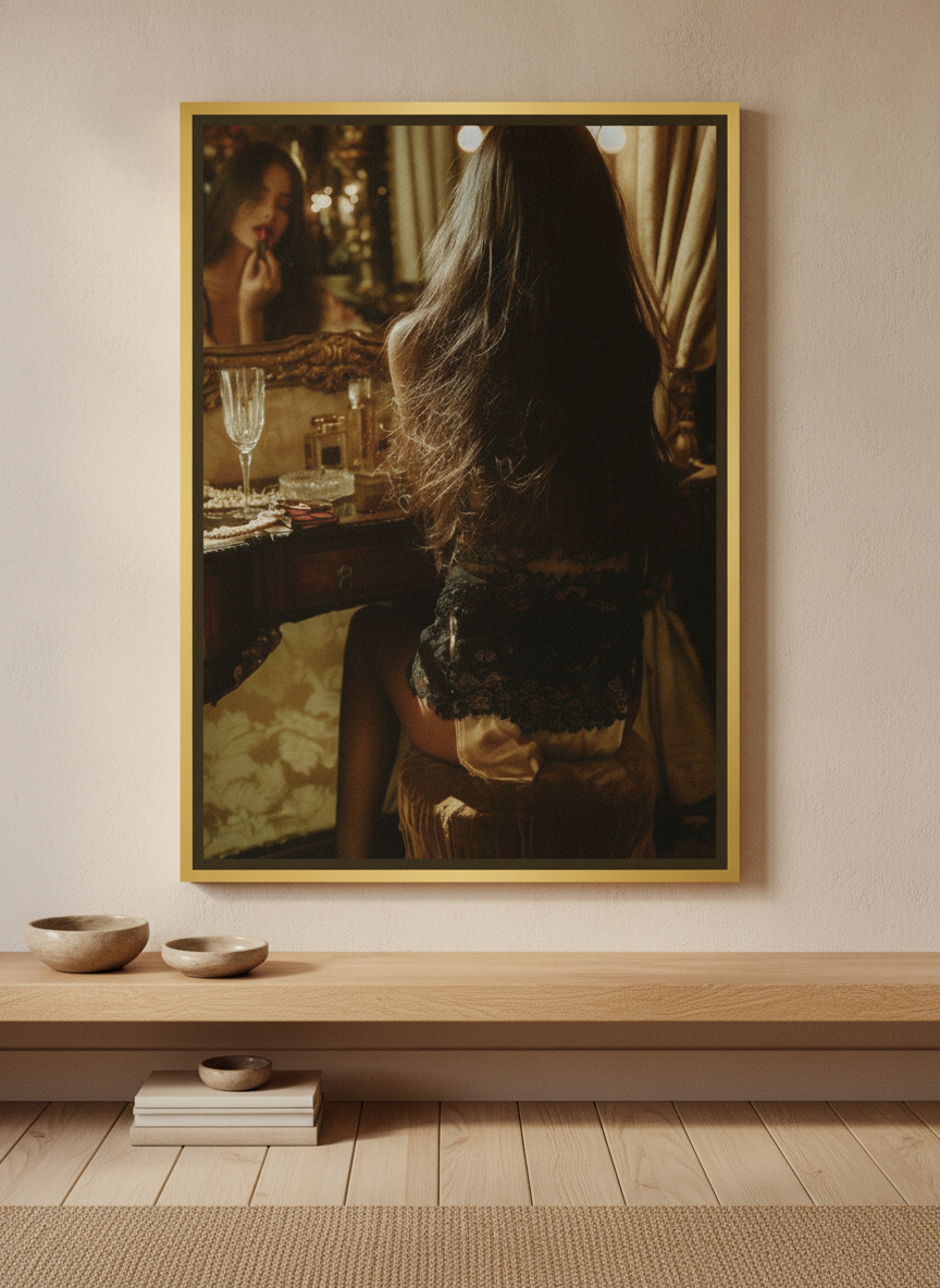Canvas wall art with a gold leaf surround standing on a shelf in a warm Japandi bedroom