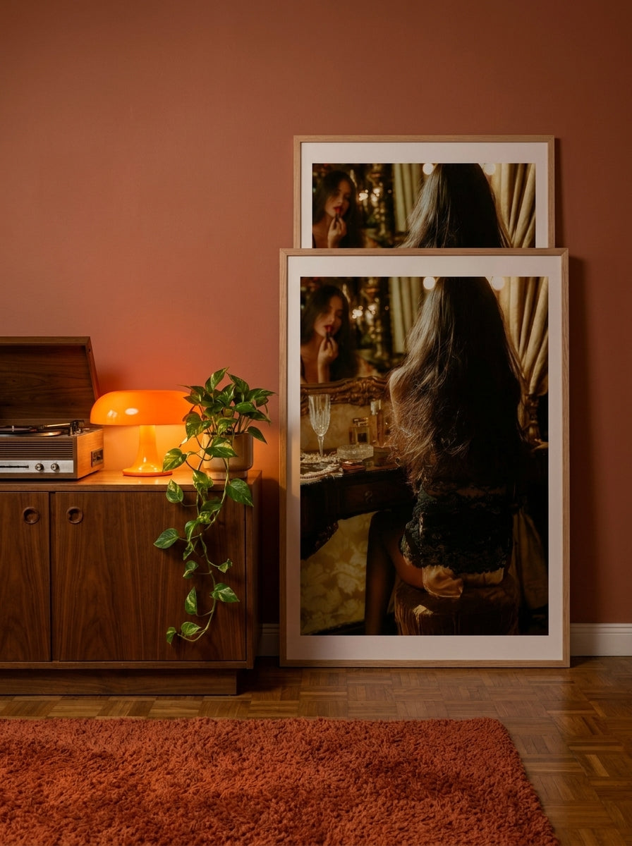 Modern wall art print standing on a sideboard in a retro 70s living room