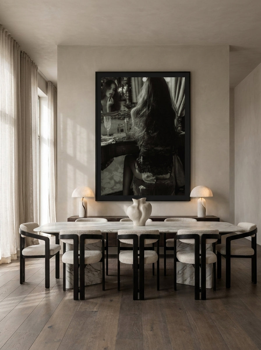 Oversized statement modern wall art print styled on the wall in a luxe dining room