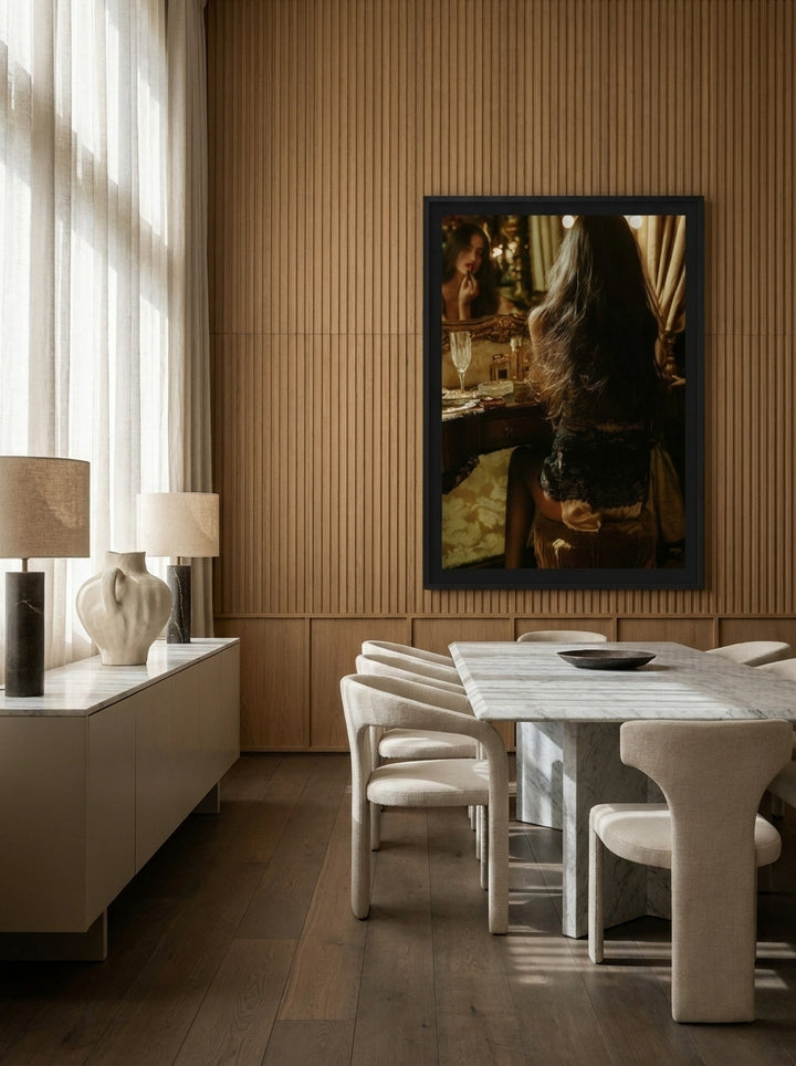 Oversized statement modern wall art print styled on the wall in a luxe dining room