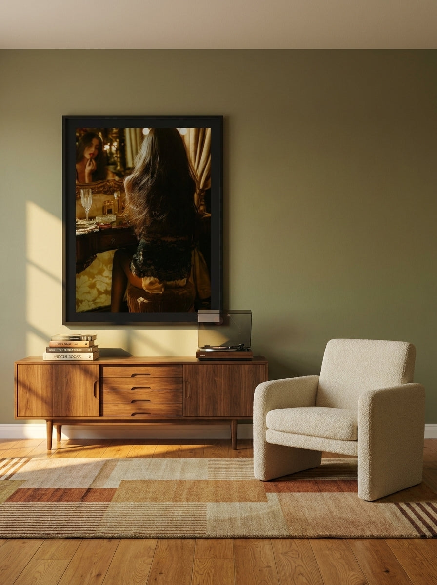 Oversized statement modern wall art print styled on the wall in a mid-century living room