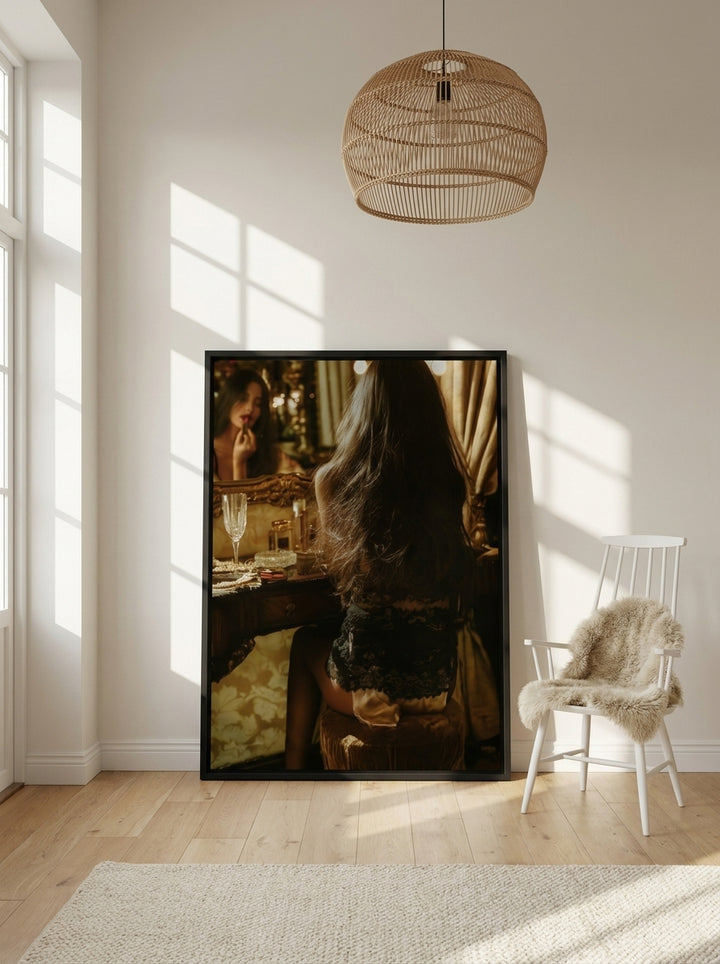 Oversized statement canvas wall art with a black surround leaning against the wall in a bright Scandinavian living room