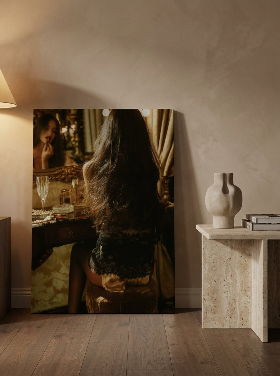 Stretched canvas wall art leaning against the wall in a luxe living room