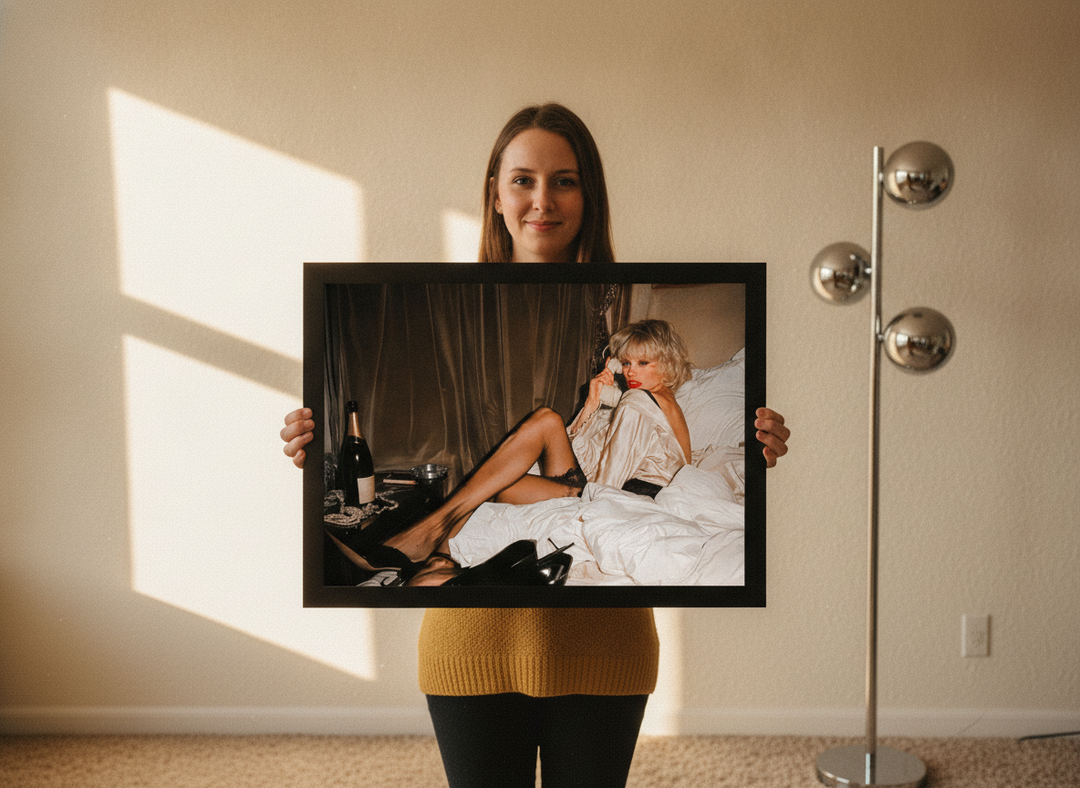 Person holding modern wall art print in a retro 70s living room