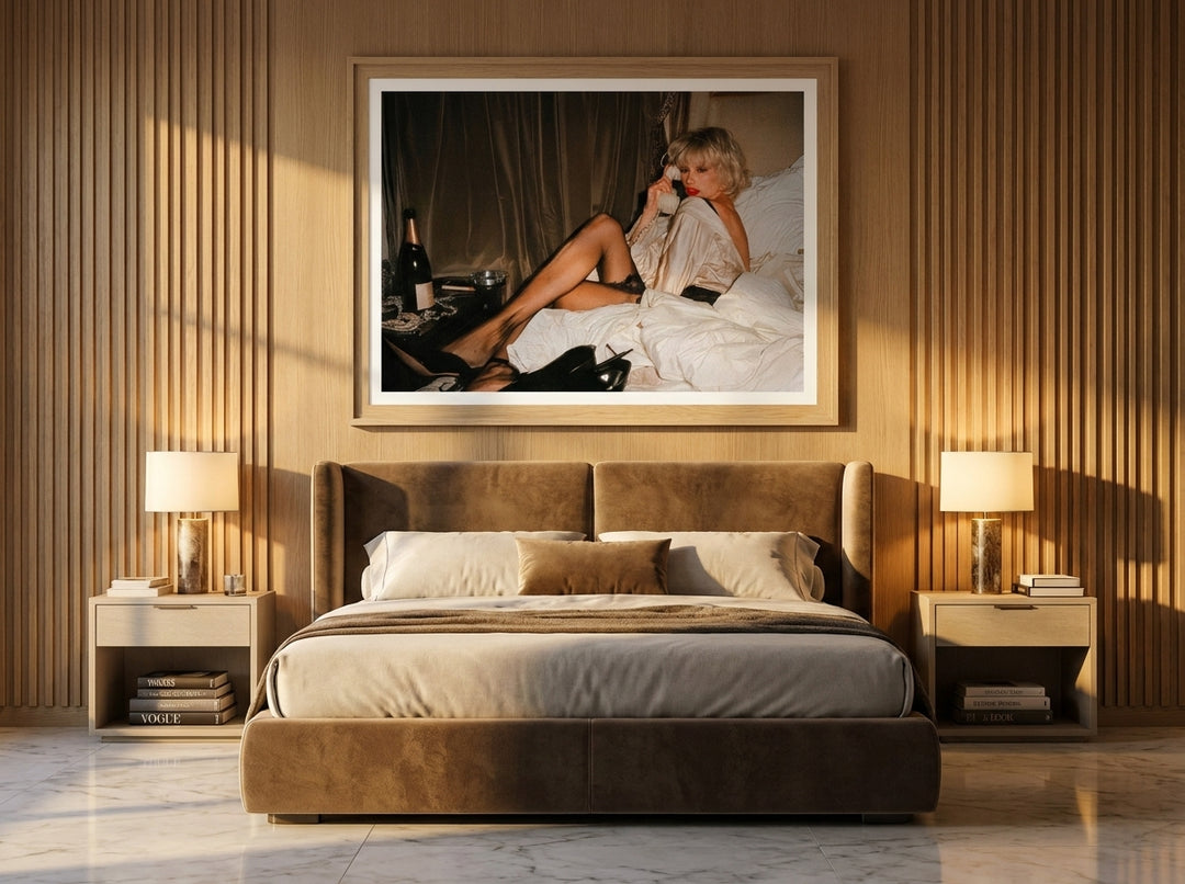 Modern wall art print styled on the wall in a luxe bedroom