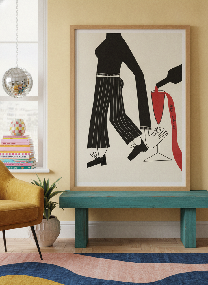Modern wall art print standing on a side table in a colourful eclectic living room