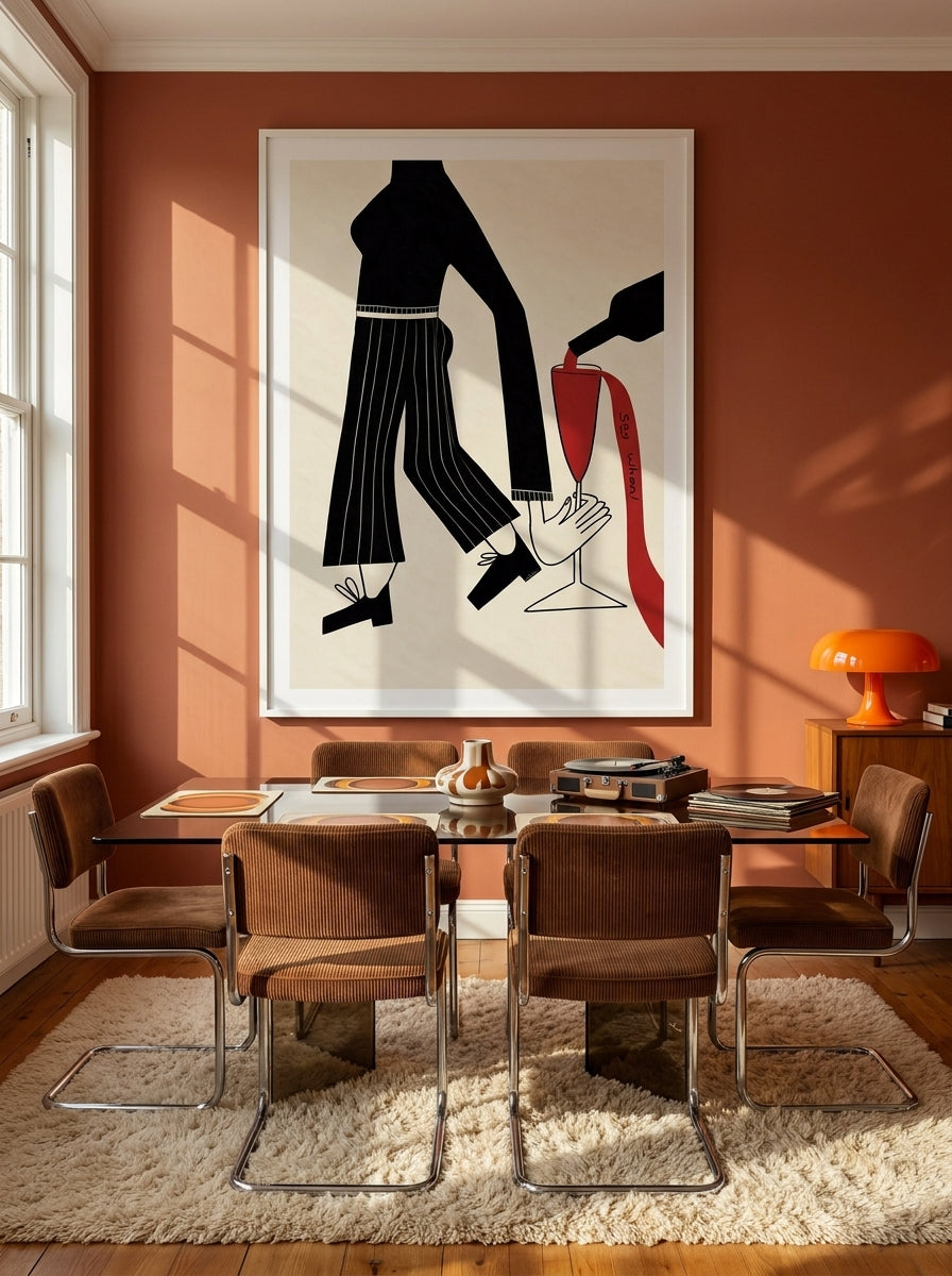 Modern wall art print styled on the wall in a retro 70s dining room