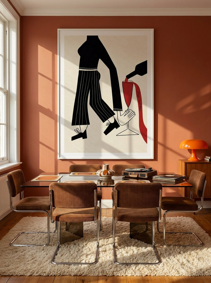Modern wall art print styled on the wall in a retro 70s dining room
