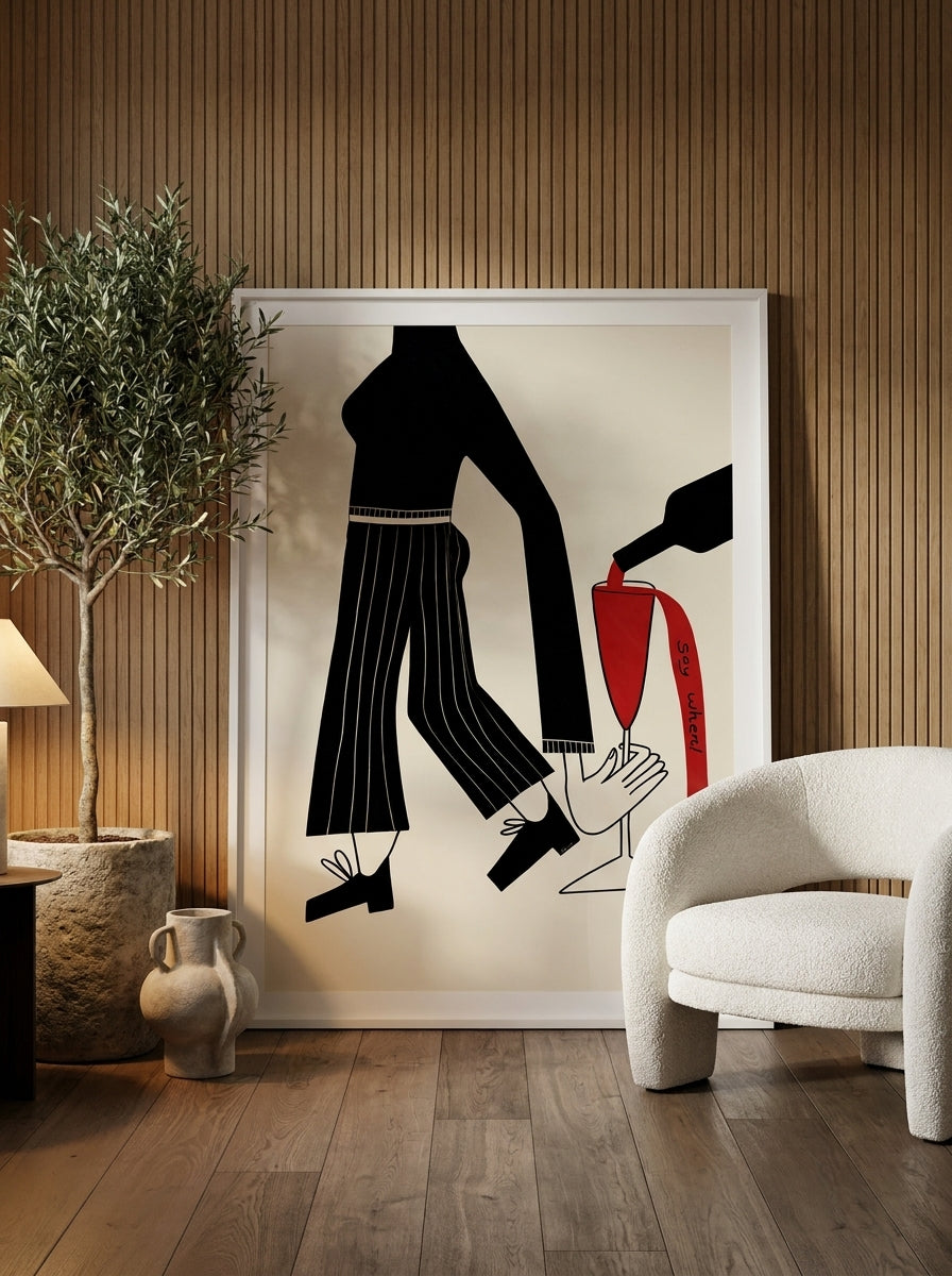 Oversized statement modern wall art print leaning against the wall in a luxe living room