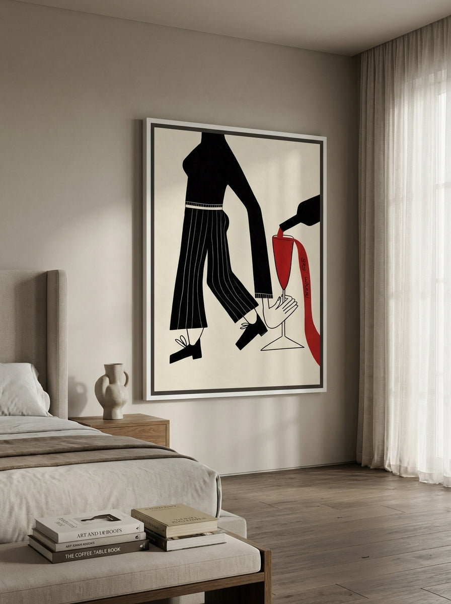 Oversized statement canvas wall art with a white surround styled on the wall in a luxe bedroom