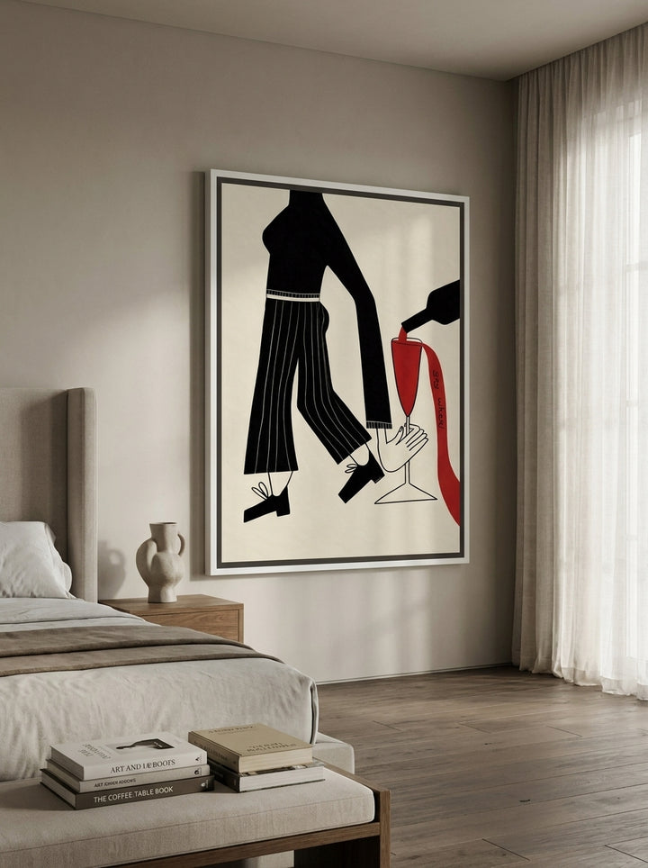 Oversized statement canvas wall art with a white surround styled on the wall in a luxe bedroom