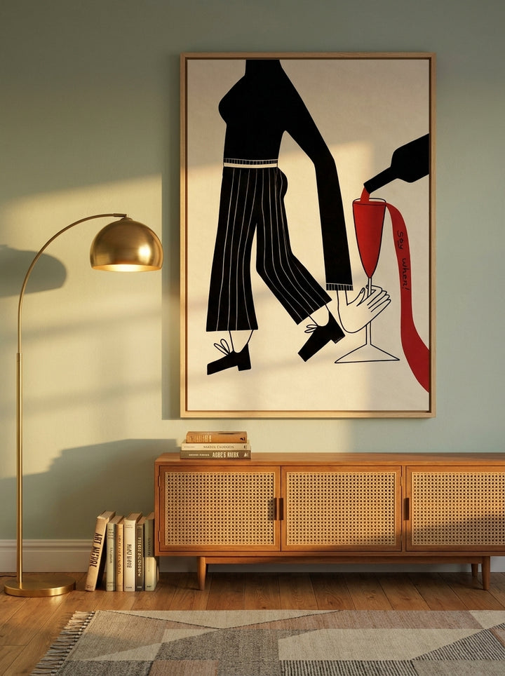 Oversized statement canvas wall art with a natural timber surround styled on the wall in a mid-century living room
