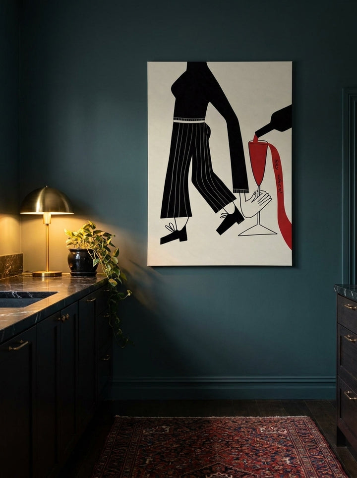Stretched canvas wall art styled on the wall in a moody kitchen