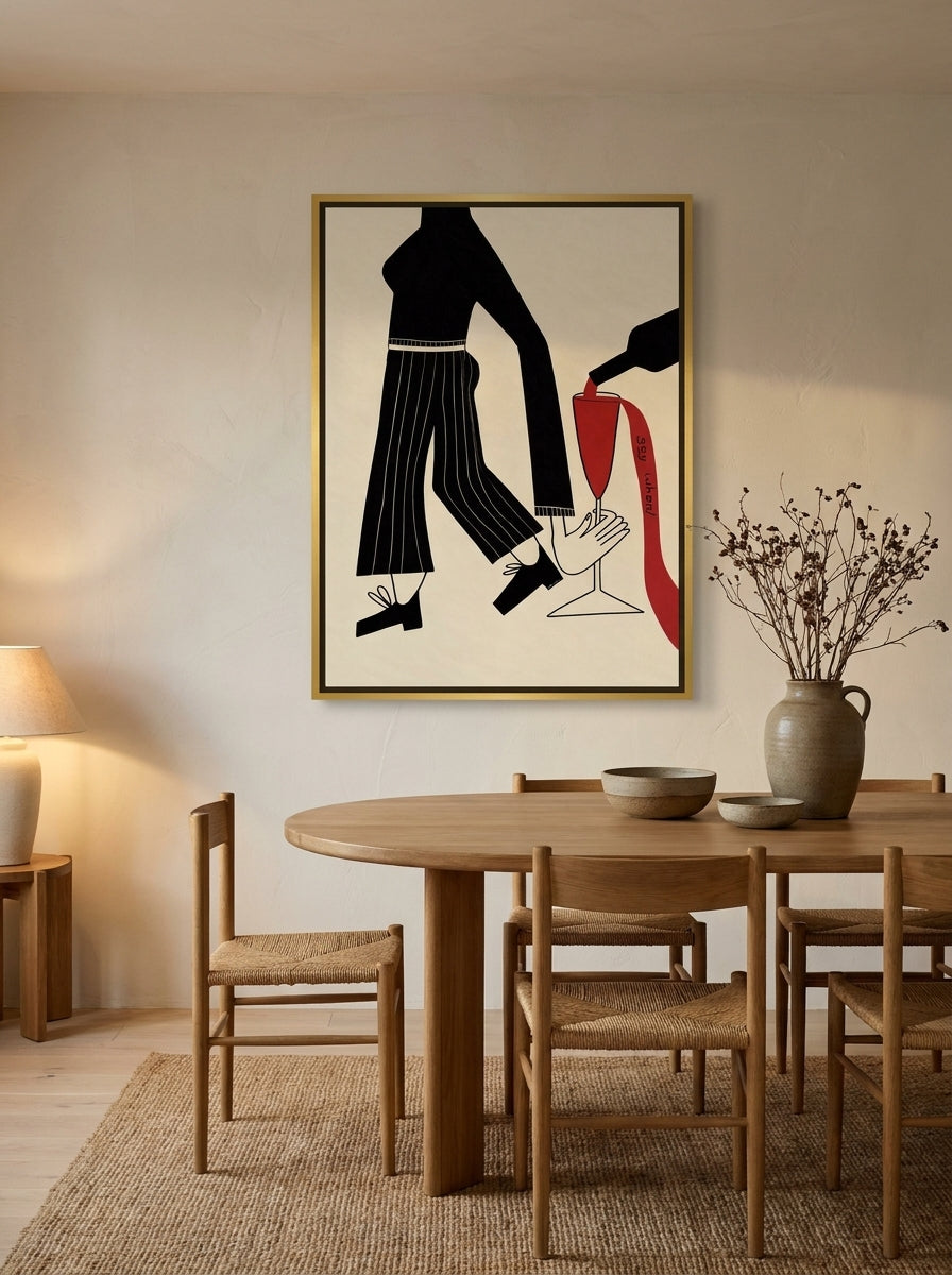 Canvas wall art with a gold leaf surround styled on the wall in a warm Japandi dining room