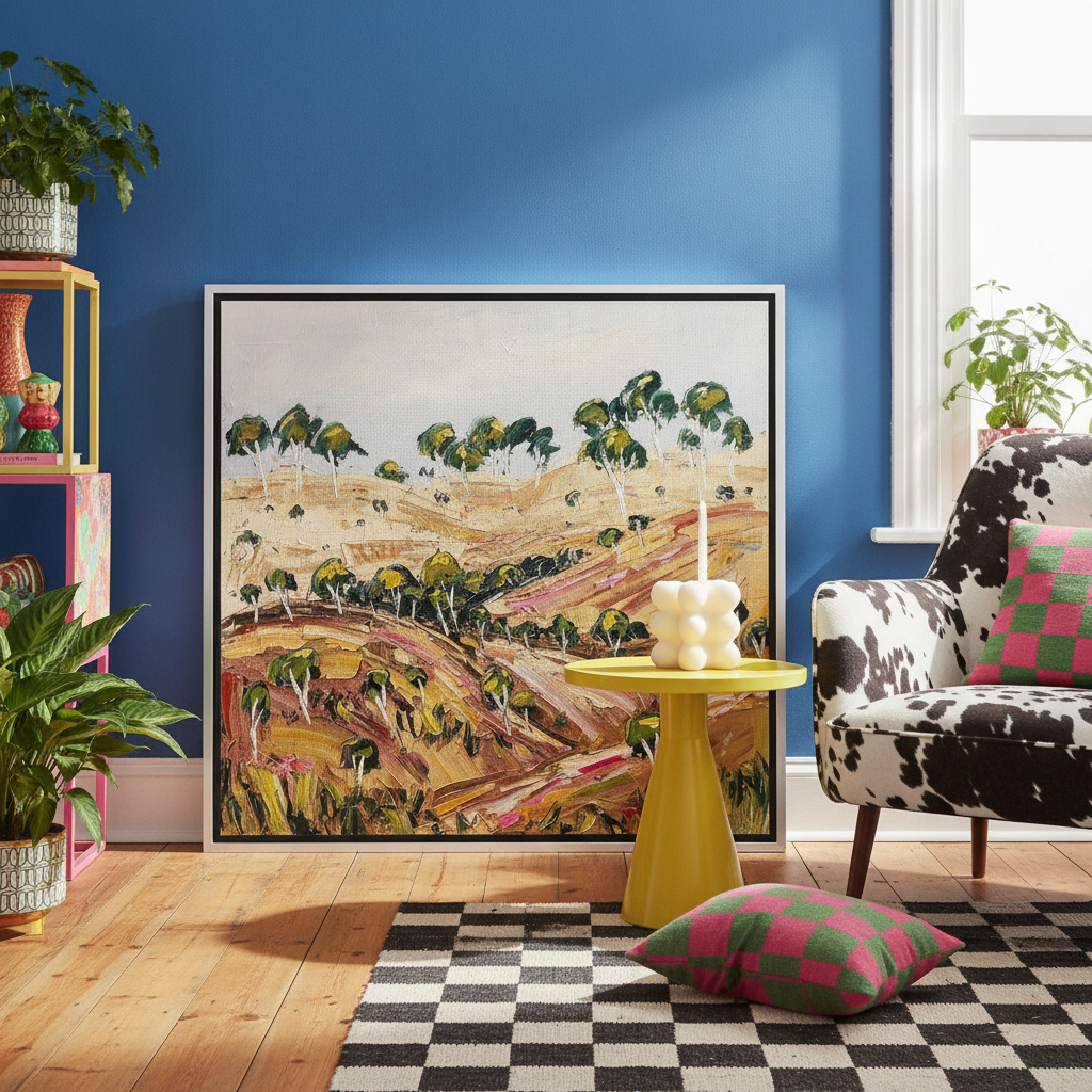 Canvas wall art with a silver leaf surround leaning against the wall in a colourful eclectic living room