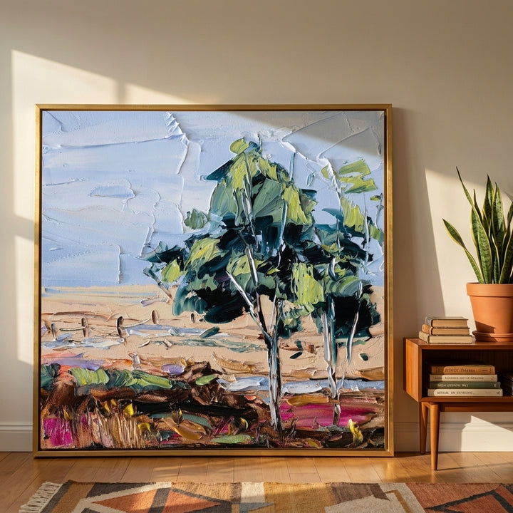 Oversized statement canvas wall art with a gold leaf surround leaning against the wall in a mid-century living room