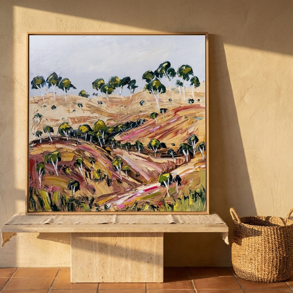 Canvas wall art with a natural timber surround standing on a console in a Mediterranean home office
