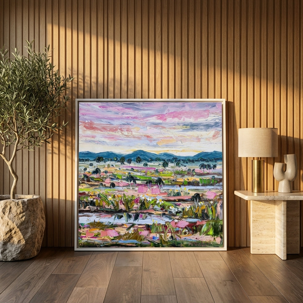 Canvas wall art with a white surround leaning against the wall in a luxe home office