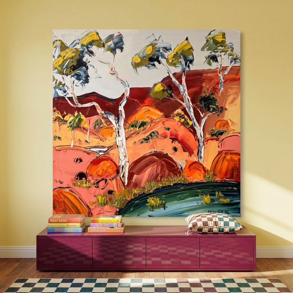 Stretched canvas wall art styled on the wall in a colourful eclectic living room