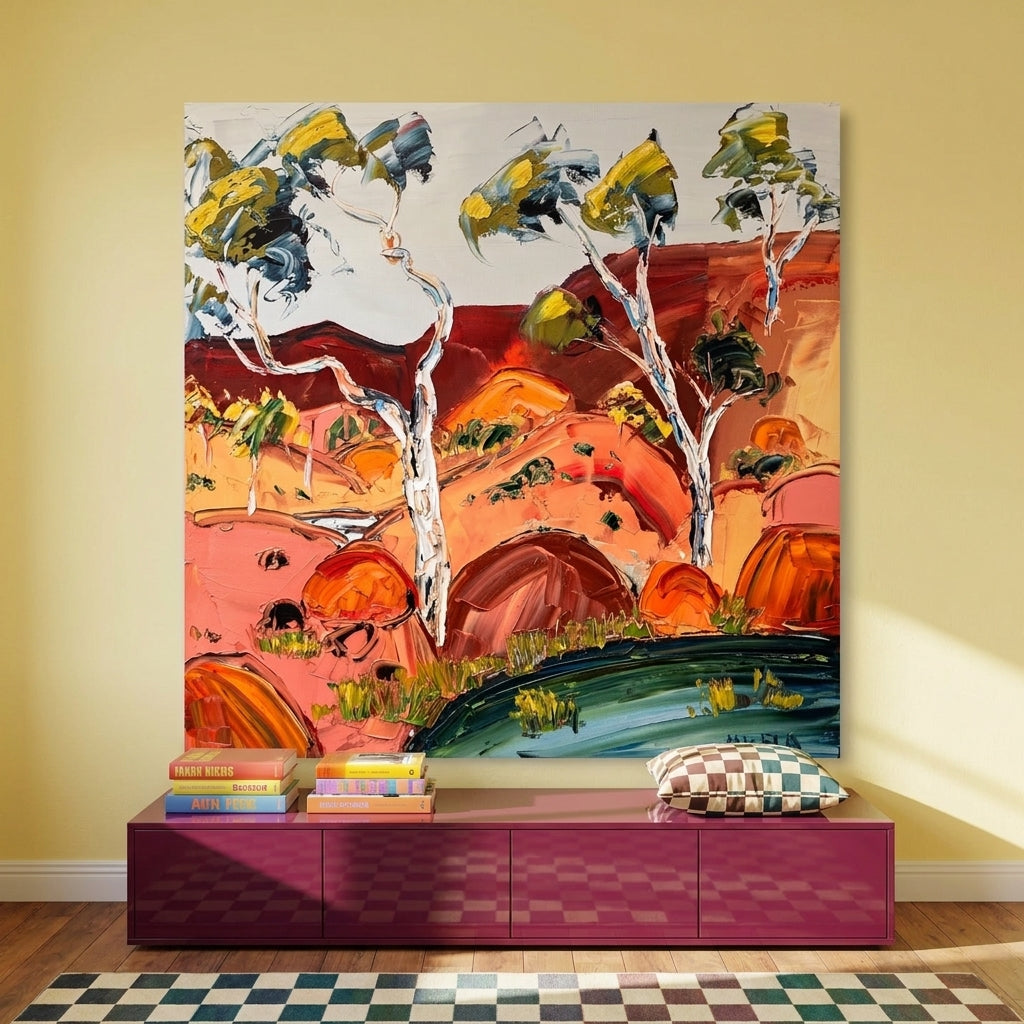 Stretched canvas wall art styled on the wall in a colourful eclectic living room