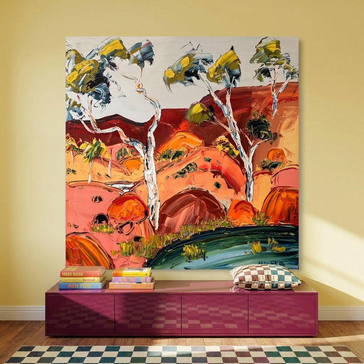 Stretched canvas wall art styled on the wall in a colourful eclectic living room