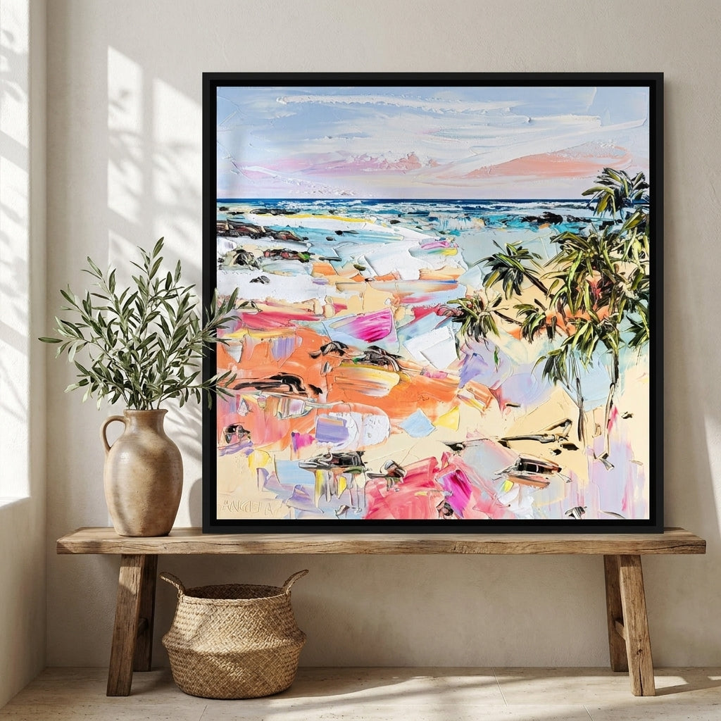 Canvas wall art with a black surround standing on a bench in a Mediterranean bedroom
