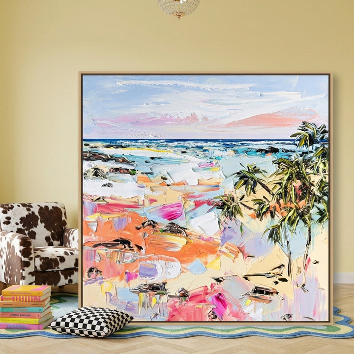Oversized statement canvas wall art with a natural timber surround leaning against the wall in a colourful eclectic living room