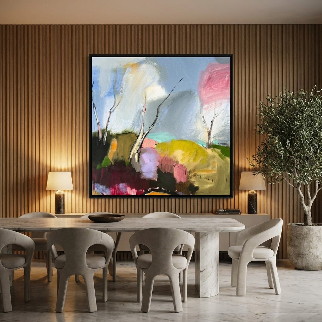 Oversized statement canvas wall art with a black surround styled on the wall in a luxe dining room