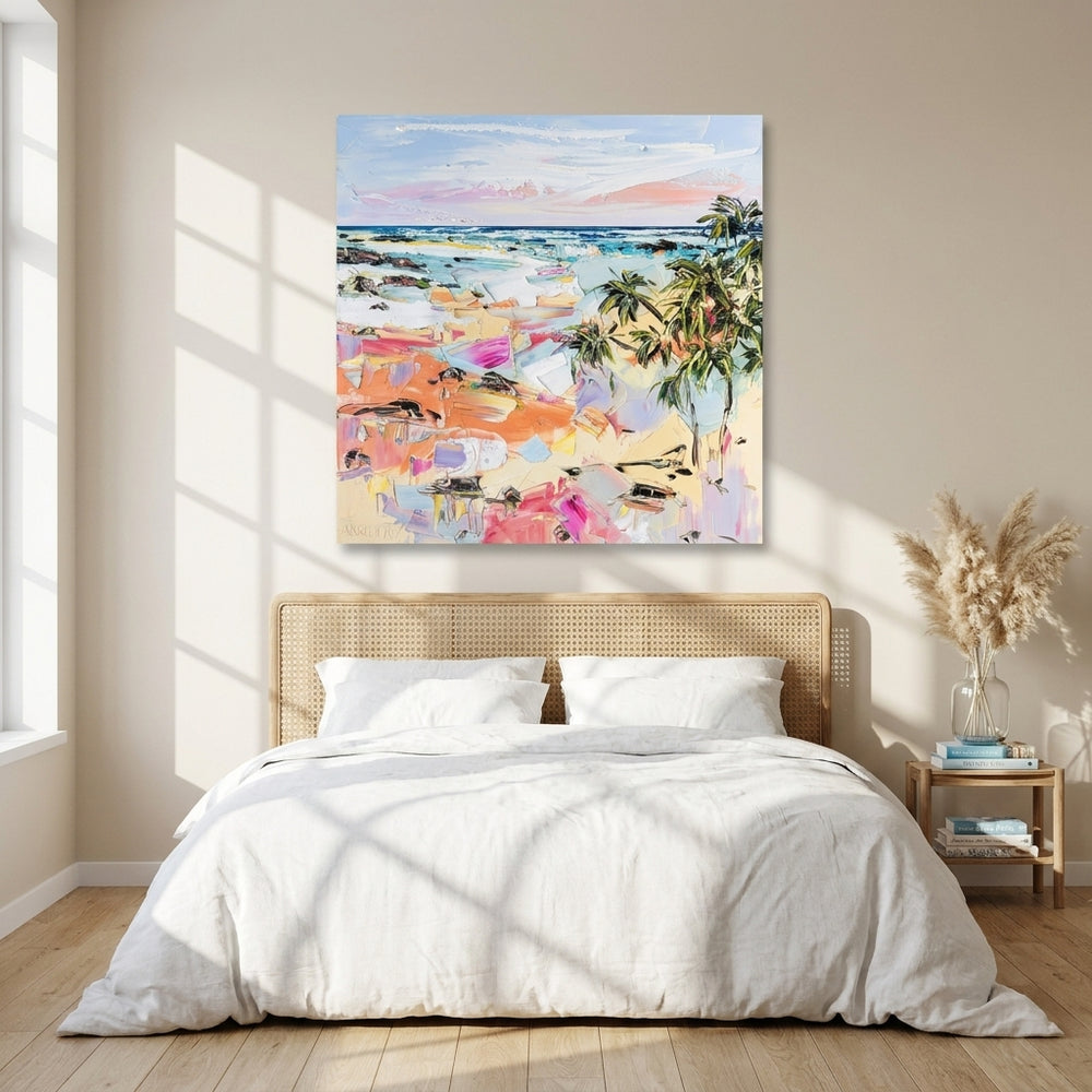 Stretched canvas wall art styled on the wall in a coastal bedroom