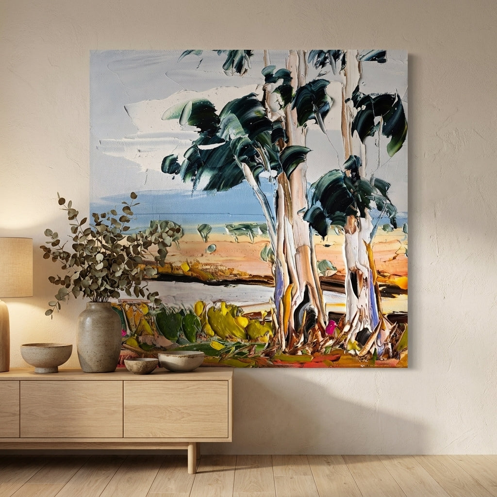 Stretched canvas wall art styled on the wall in a warm Japandi living room