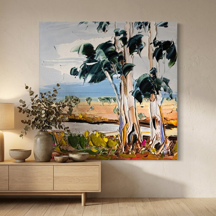 Stretched canvas wall art styled on the wall in a warm Japandi living room