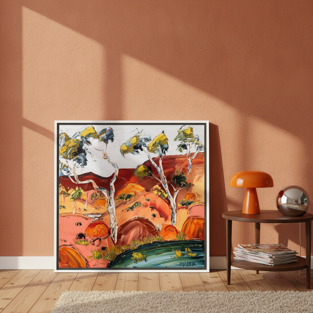 Canvas wall art with a white surround leaning against the wall in a retro 70s dining room