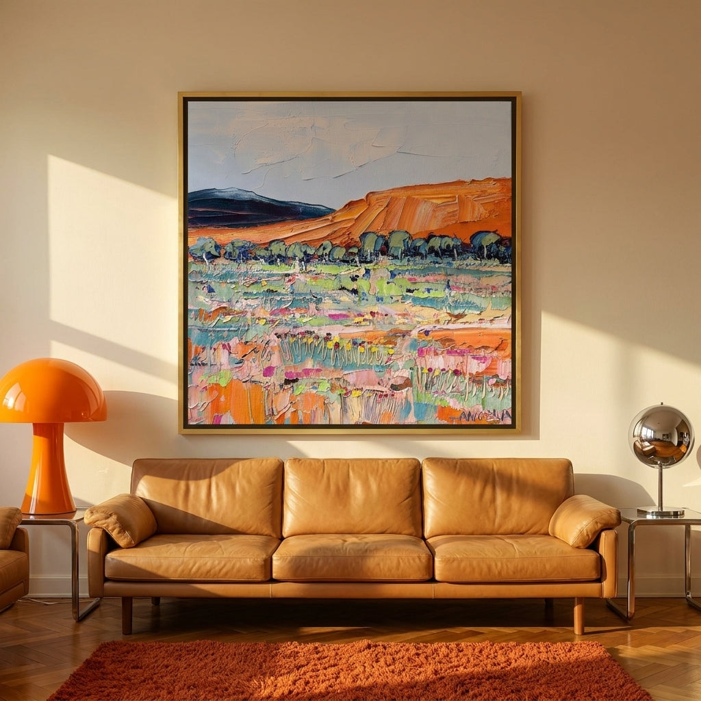 Canvas wall art with a gold leaf surround styled on the wall in a retro 70s living room