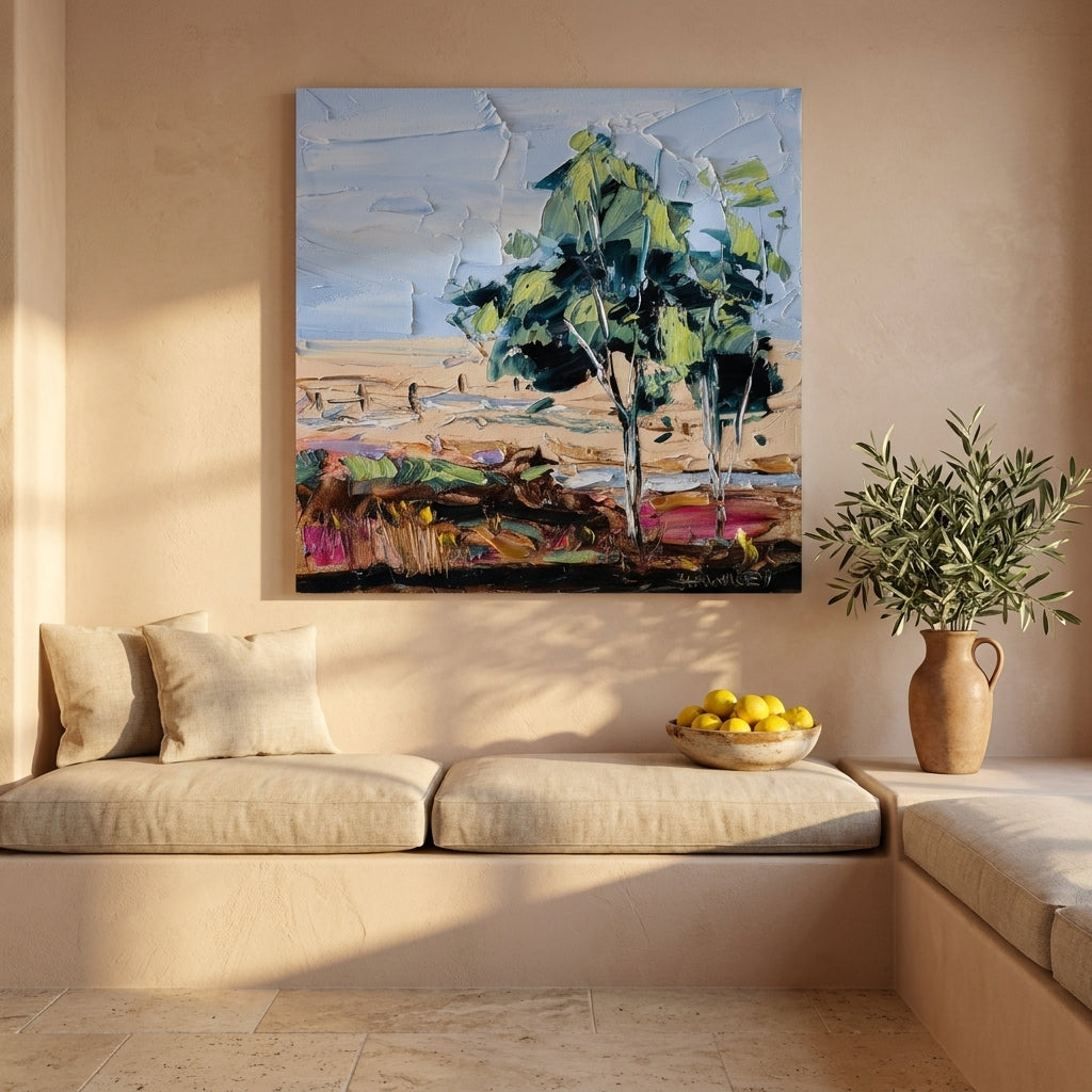 Stretched canvas wall art styled on the wall in a Mediterranean living room