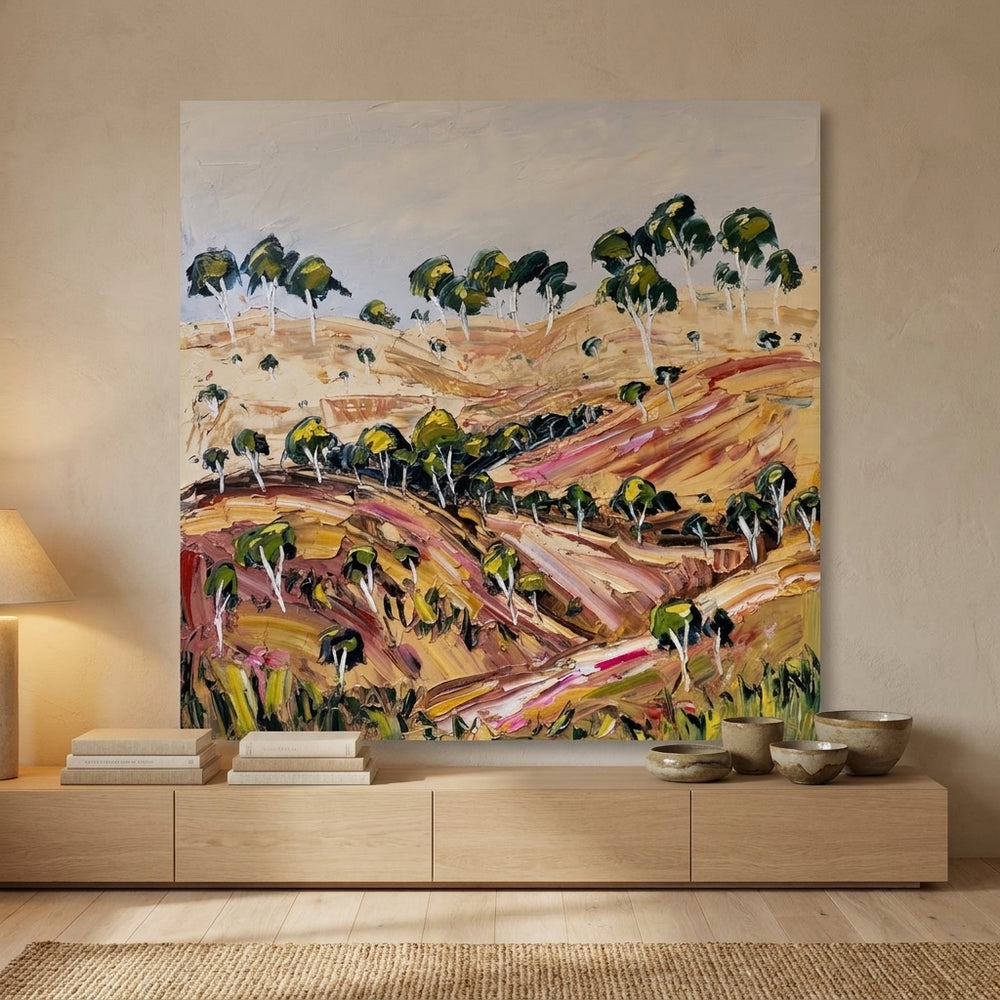 Stretched canvas wall art styled on the wall in a warm Japandi living room