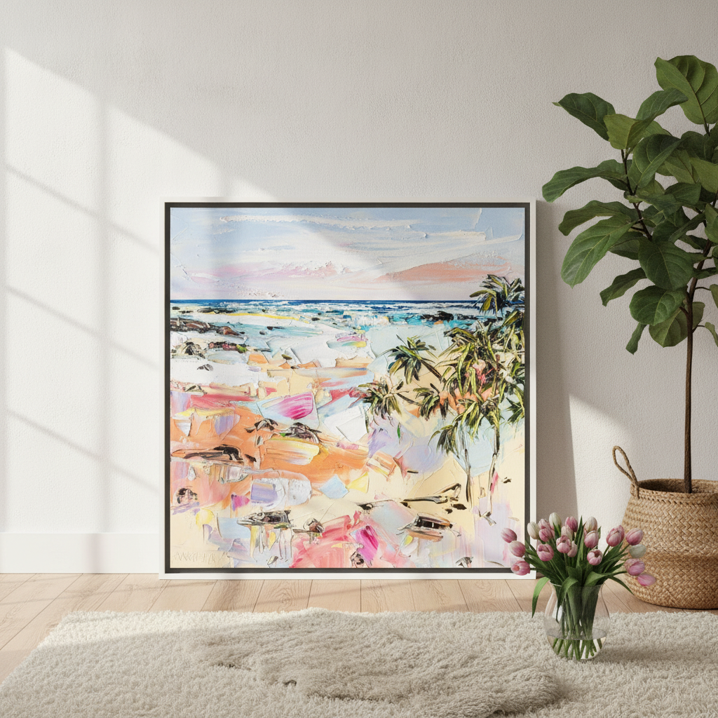 Oversized statement canvas wall art with a white surround leaning against the wall in a bright Scandinavian dining room