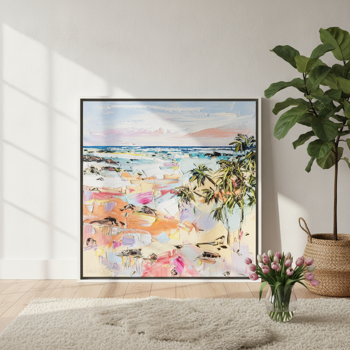Oversized statement canvas wall art with a white surround leaning against the wall in a bright Scandinavian dining room