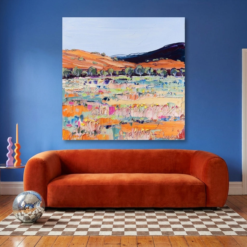 Stretched canvas wall art styled on the wall in a colourful eclectic living room