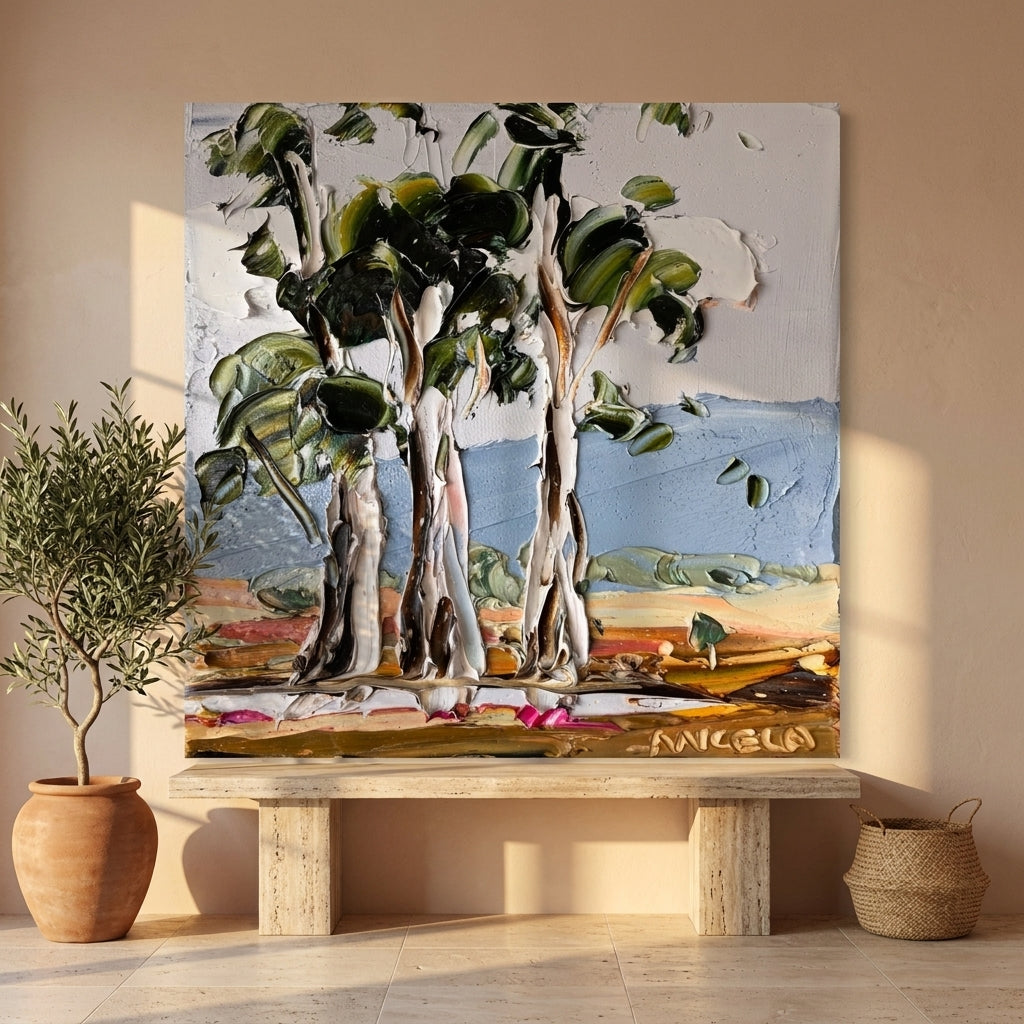 Stretched canvas wall art styled on the wall in a Mediterranean living room