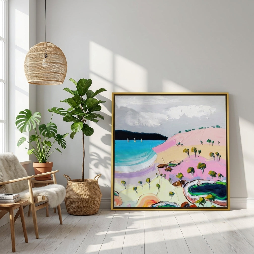 Canvas wall art with a gold leaf surround leaning against the wall in a bright Scandinavian home office