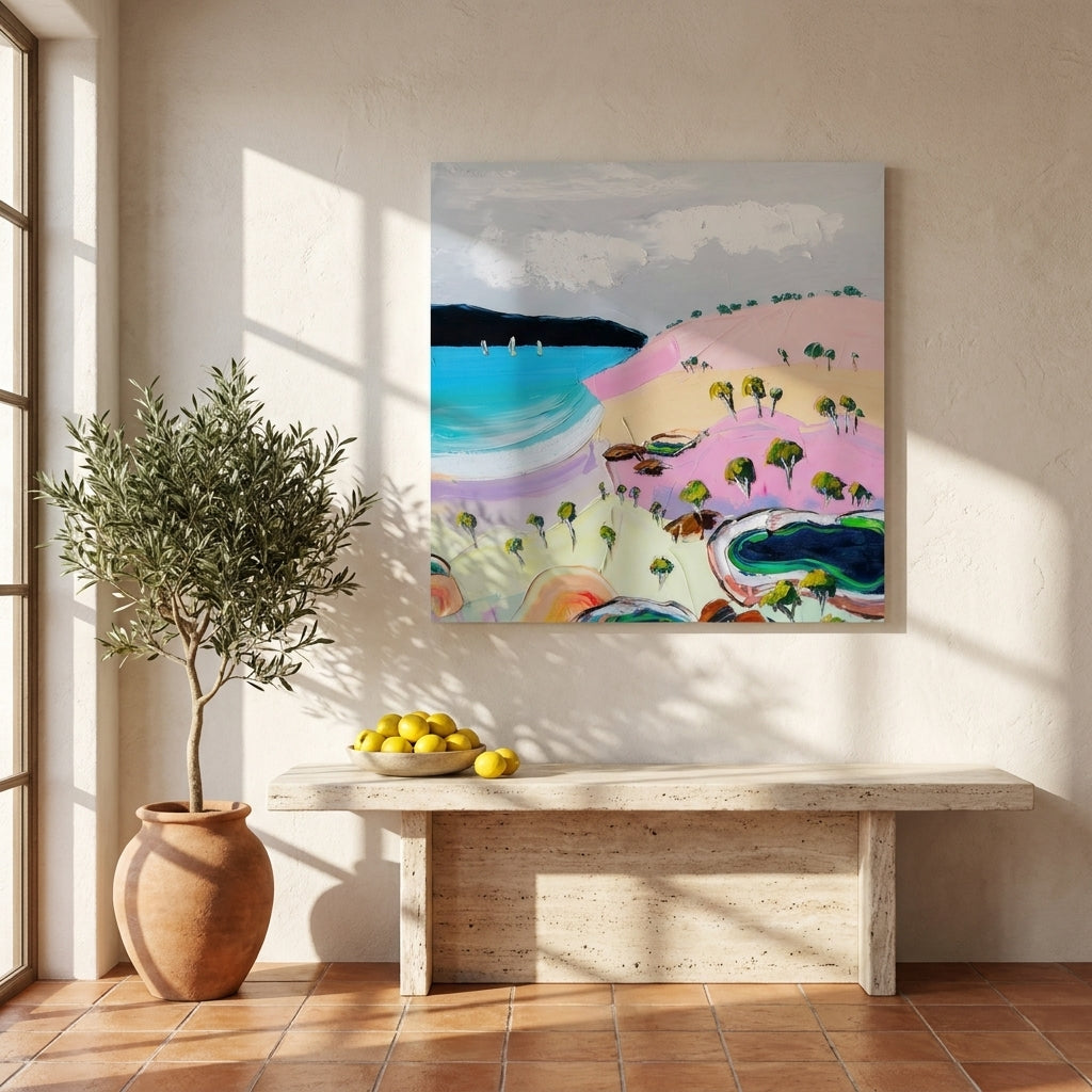 Stretched canvas wall art styled on the wall in a Mediterranean living room