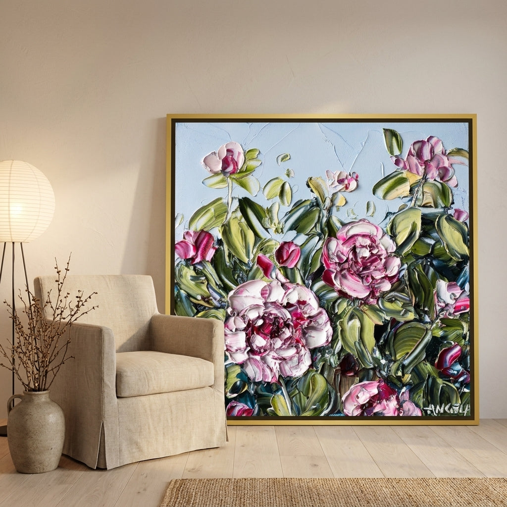 Oversized statement canvas wall art with a gold leaf surround leaning against the wall in a warm Japandi living room