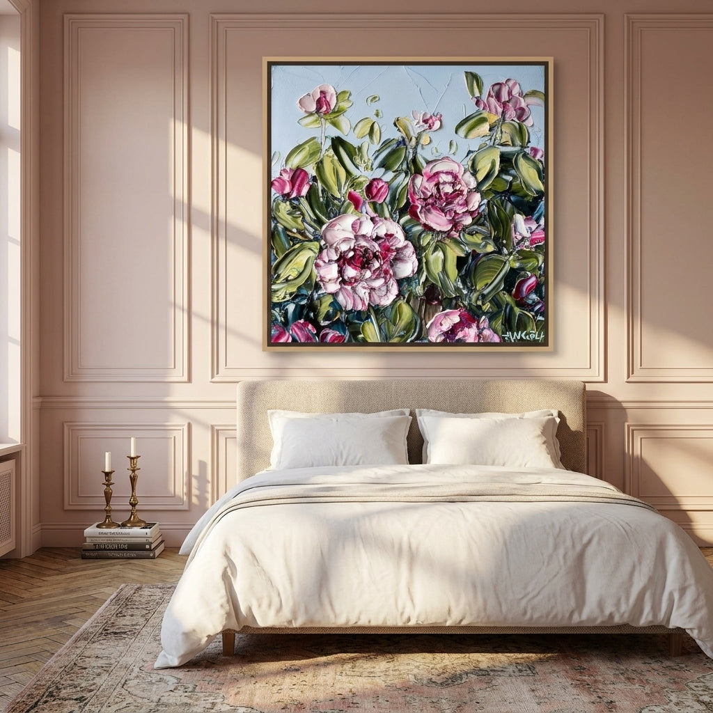 Canvas wall art with a natural timber surround styled on the wall in a Parisian bedroom