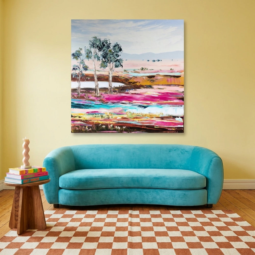 Stretched canvas wall art styled on the wall in a colourful eclectic living room