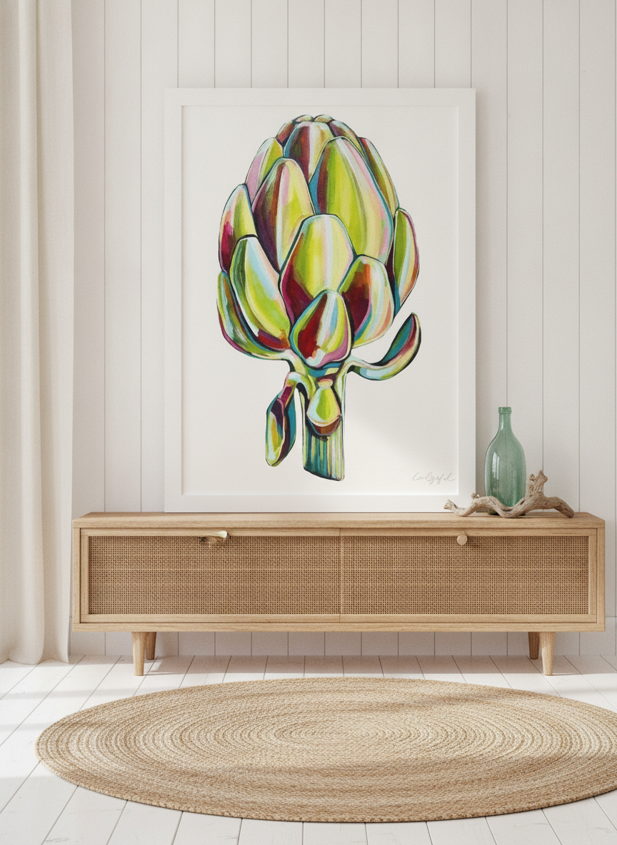 Modern wall art print standing on a sideboard in a coastal living room
