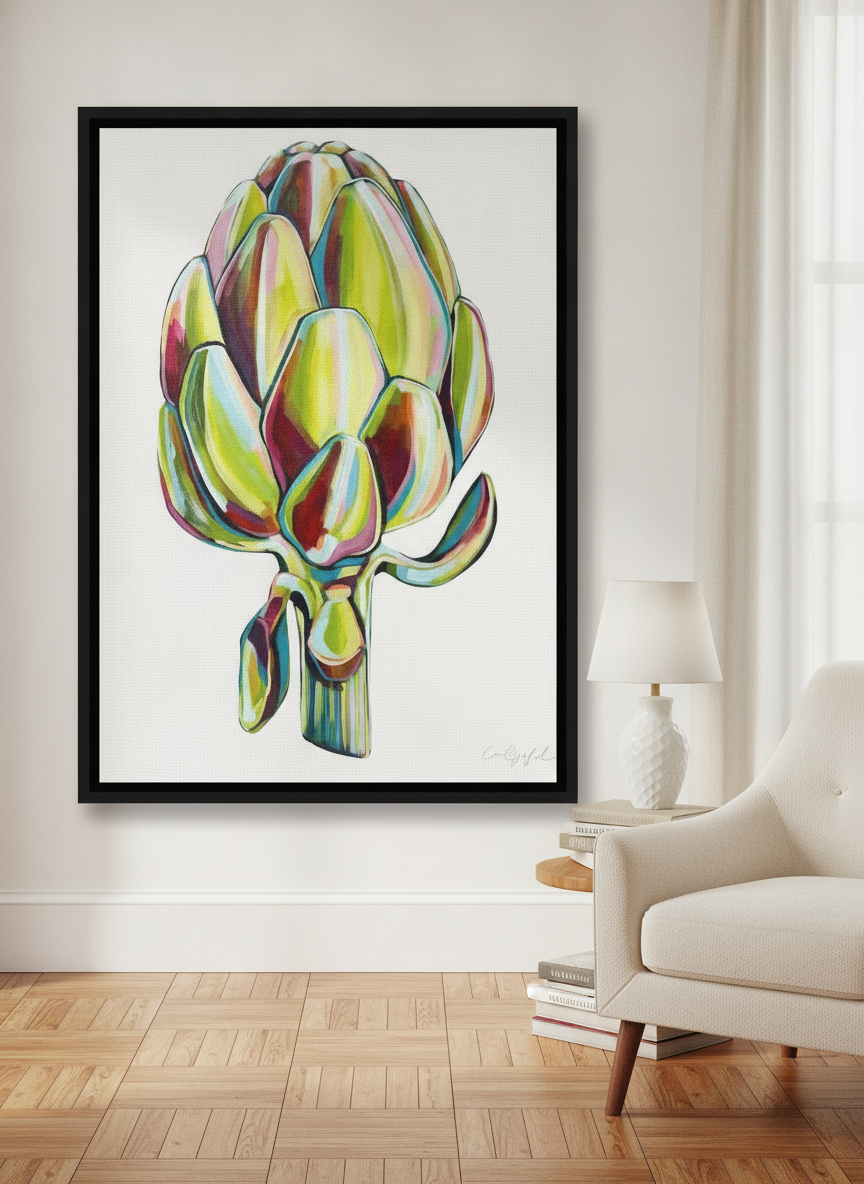 Canvas wall art with a black surround leaning against the wall in a mid-century living room