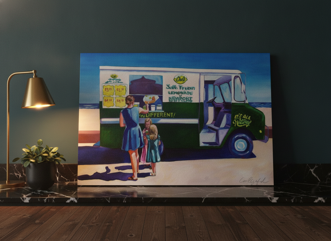 Stretched canvas wall art standing on a kitchen bench in a moody kitchen