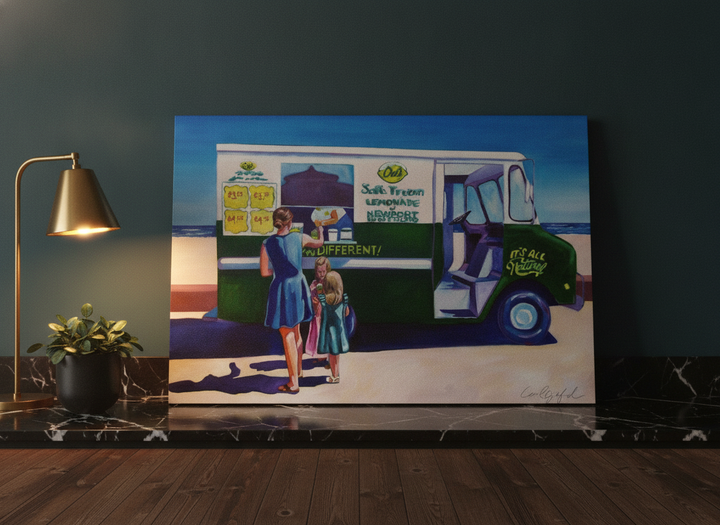 Stretched canvas wall art standing on a kitchen bench in a moody kitchen